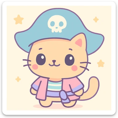 pirate cat, kawaii style, oversized hat, cute face sticker