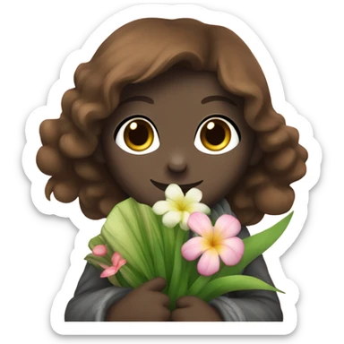 Brown-haired green-eyed girl in scarf holding a coquina bouquet next to a gorilla sticker