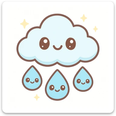 cute rain icon with smiling blue raindrops and a small cloud, kawaii style, simple and friendly sticker