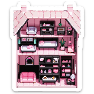 cute pastel pink dollhouse with miniature furniture sticker