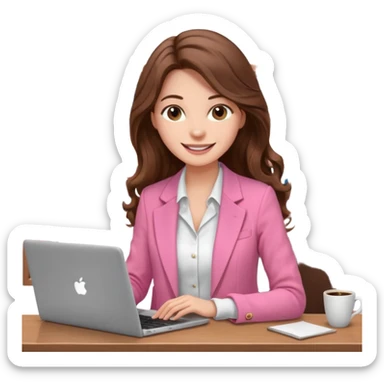 smiling woman with long wavy brown hair, pink blazer, white top, holding coffee and working on laptop — cozy home office background sticker