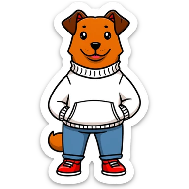 Brown dog standing upright with hands in jean pockets, wearing a white sweater and red shoes sticker