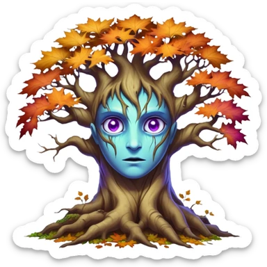 An ancient, psychic tree evolves by absorbing the essence of fallen autumn spirits, sprouting a radiant, maple-crowned face that channels both forest wisdom and fiery seasonal magic through its gnarled. Purple eyes, blue eyes sharp teeth, heterochromia sticker