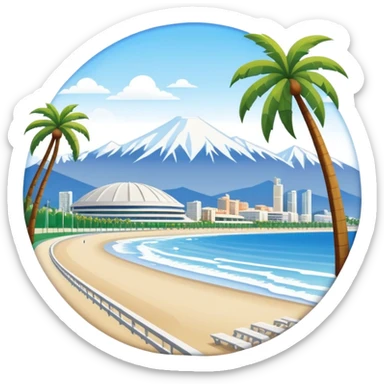 A vibrant emoji of Sochi, featuring a sunny beach with palm trees, snow-capped mountains in the background, and a small Olympic stadium, capturing the city's unique blend of seaside and mountain vibes. sticker