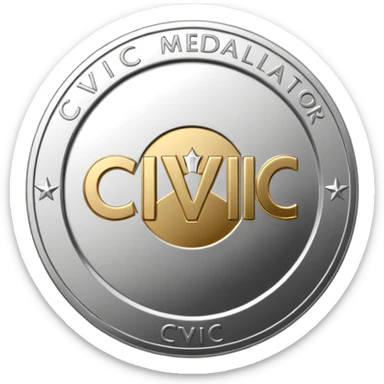A silver coin type medallion with the words 'Civic Medallion' in large font on it. sticker