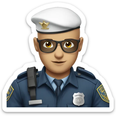 A WHITE Police man bald with blue uniform and cap with Big ANGEL WINGS sticker
