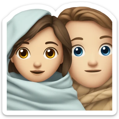 Brunette white girl with blue eyes in a blanket with boy with brown eyes  sticker