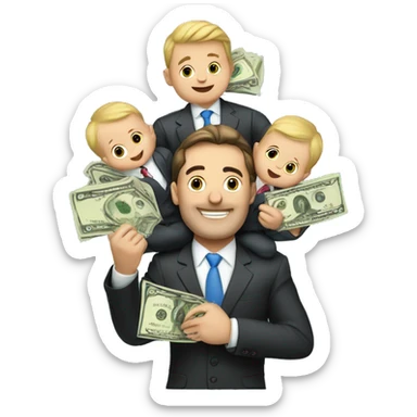 a businessman holding two babies, he's dangling cash over their heads with 2 other arms sticker