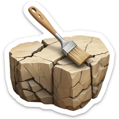 3D render of Archeology Brush, embedded in a chunk of rough sedimentary rock, cracked stone texture, ancient fossil aesthetic,pale wooden handle with dusty beige bristles, matte dry finish, Apple emoji style, isolated on white background --v 6.0. sticker