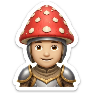 mushroom knight portrait, head and shoulders only, helmet made entirely of a large mushroom cap, textured mushroom surface, tiny fantasy armor collar, heroic smile, magical forest vibe, 3D cartoon, mobile game icon style, clean background, no text, no watermark
 
 sticker