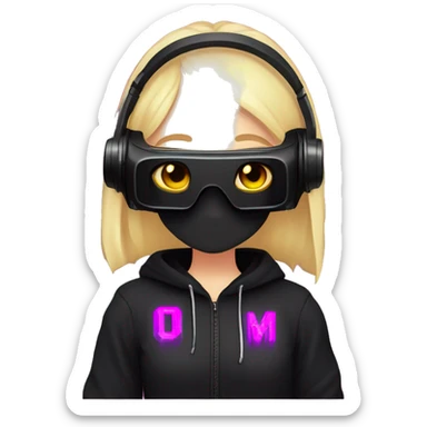 Russian cute blond student girl wearing black hoody with violet letters "OMG", in vr headset. No eyes. Cyberpunk style. Violet neon. sticker