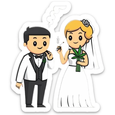 Person in fancy clothes sneaking into a wedding ceremony with a mischievous grin, uninvited guest, smoking cannabis sticker