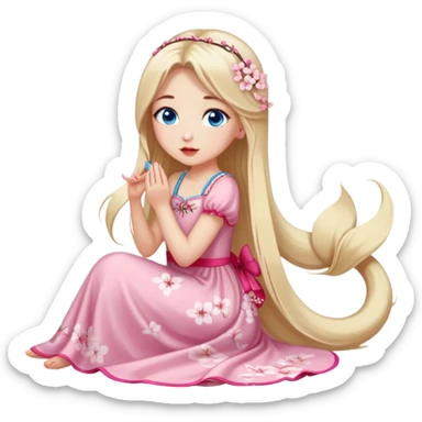 Turkish Girl with long blond hair with cherry blossom accessories on her hair with a long tailed cherry blossom dress on the ground and have blue eyes with beautiful finish and she sending lovely kisses  sticker