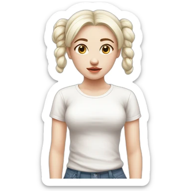 sad girl with pale skin and white hair in two buns, white t-shirt sticker