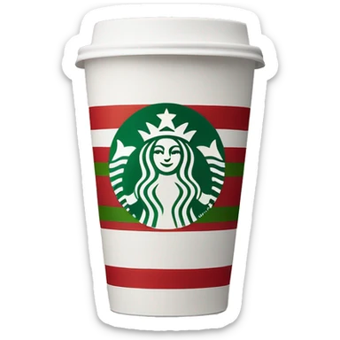 A Starbucks coffee cup with red and green stripes and the Starbucks logo on the front, white lid sticker