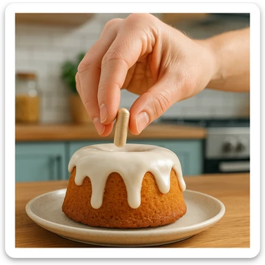 realistic style, hand positioning a dietary supplement capsule on a cake with glaze, cheerful atmosphere, detailed, modern kitchen sticker