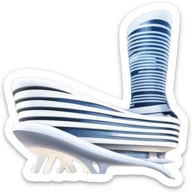 Realistic Dongdaemun Design Plaza (DDP) Landmark Emoji, featuring the iconic curving silver structure with futuristic architecture, illuminated pathways, and a sleek modern design set against the Seoul cityscape. sticker