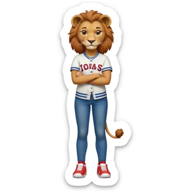 confident anthropomorphised female lion wearing a baseball shirt, jeans, trainers, standing with arms crossed, dominant pose sticker