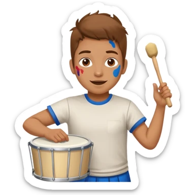 A loud fan, simple tee shirt with paint on his cheeks with a marching drum, beating it with enthusiasm sticker