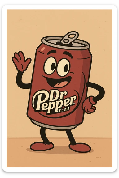 cartoon style Dr Pepper soda can with bold outlines and playful look sticker