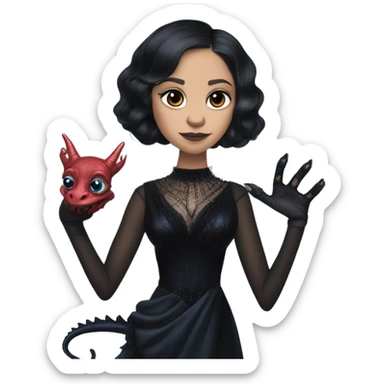 relaxed low cut back silk black evening gown with see-through gloves, Jenna Ortega as Addams woman prom queen wearing a mini tiara, very large blood blue evil-looking horned old dragon hand puppet sticker