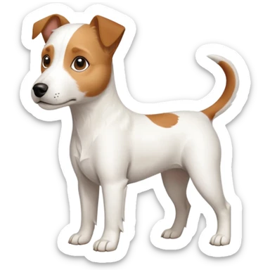 a full body slightly chubby white parson russell terrier looking dog the size of a kelpie with light brown long ears and a light brown patch on one eye and a large snout. the rest of the dog is completely whiteforward facing sticker