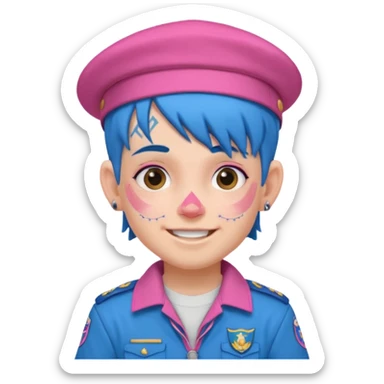 scout boy with very pink scout uniform, blue haired and hat, heavy face tattoed sticker
