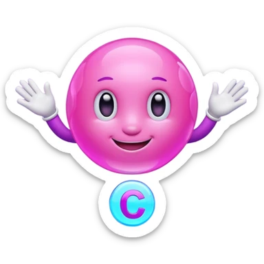 Friendly round AI mascot with a neon C badge, floating hologram in hands, purple-magenta glow. sticker