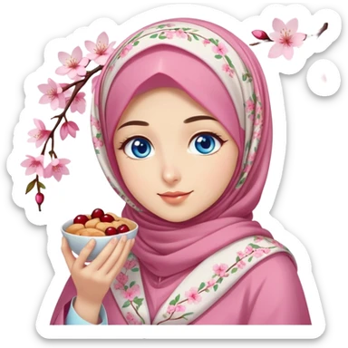 Turkish beautiful finish Konya girl blue eyes with cherry blossom floral hijab islamic dress and she’s savouring delicious food face sticker
