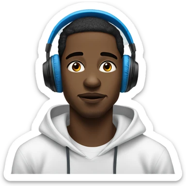 A young black man with blue headphones and a white hoodie, eyes wide and expressive, absorbed in the music. His look is focused and relaxed, capturing the essence of a true listener. sticker