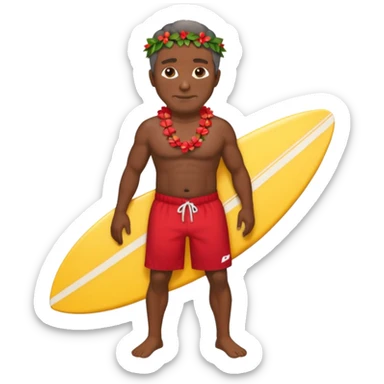 50 year old dark Hawaiian surfer with red shorts and a shell lei surfer  sticker