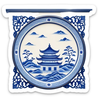 Cinematic Realistic image of exquisite blue and white porcelain, rendered with delicate, intricate patterns and fine textures, showcased against a classic Chinese backdrop with soft, refined lighting sticker