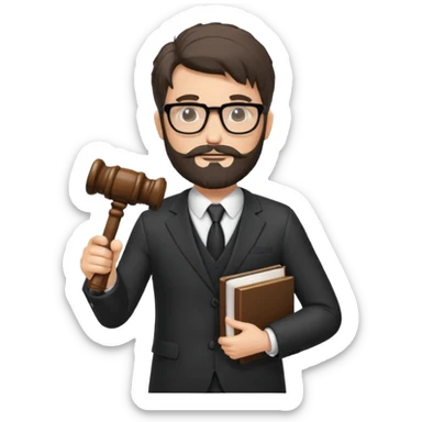 Create a male lawyer. he is wearing a fromal suit jckeret. He is holding a gavel in one hand and a book tucked under his another arm. He has beard and glasses without the glass lol. And the hair is kinda darker but not black sticker