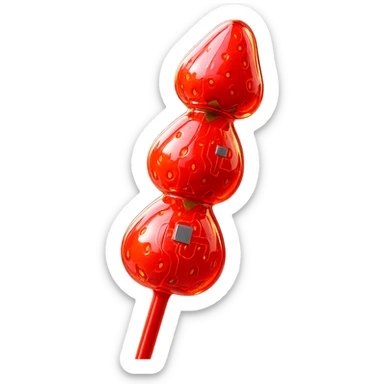 glossy red candied strawberry skewers (Tanghulu) with a crystal-clear sugar coating, reflecting light, held vertically, street food background blurred, high realism, sharp details, vibrant colors sticker