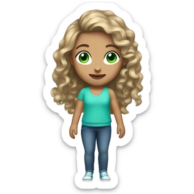 A girl with dark blonde wavy hair, green blue eyes, freckles and three earrings in each ear sticker