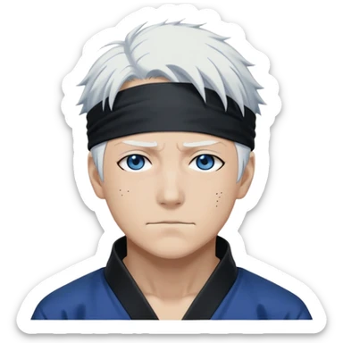 Satoru Gojo from Jujutsu Kaisen with white hair, blindfold, black and blue outfit, confident smirk sticker
