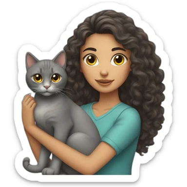 Young brunett woman with long curly hair holding a grey cat sticker