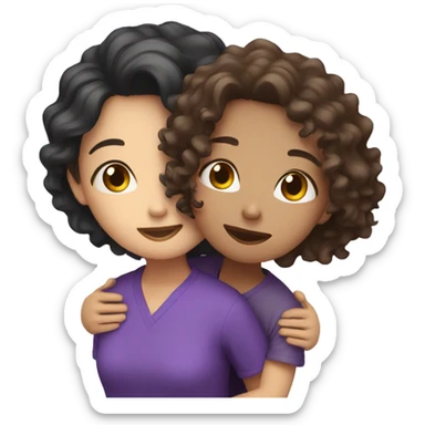 Asian girl and brunette curly hair girl hugging with purple shirts on sticker
