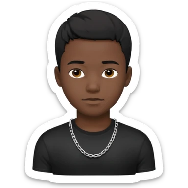 Generate a emoji of a black boy wearing a black compressed T-shirt with short black hair and make him wearing a silver chain and make the chain thin sticker