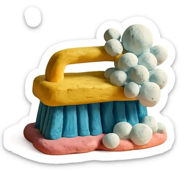 cleaning brush with soap bubbles, pastel palette, visible clay texture in claymation style sticker