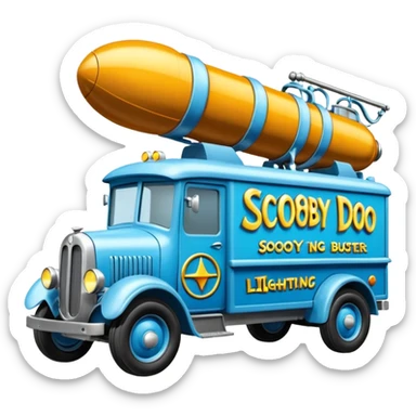 The Flintstones Mr. Freeze’s shiny frozen Scooby Doo 1918 Lightning Bug busters liquidator’s antique long wheelbase moving truck  sticker
