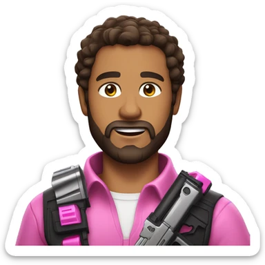 Lightly tanned man with dark brown hair, brown eyes, and a beard, holding a sparkly pink nerf gun sticker