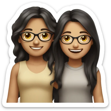 An emoji of a brunette girl with long hair, joyfully holding hands with a black-haired girl wearing glasses, both smiling and expressing happiness sticker