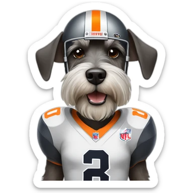 A dog schnauzer wearing football pads and  a helmet of the Bears sticker