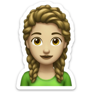 Chica rubio oscuro pelo rizado largo con ropa verde ldelante ordenador sticker