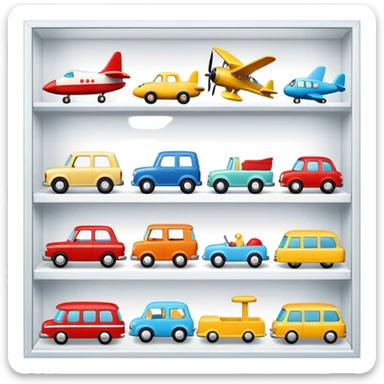 Icon for Toy Collecting: a collection of various vintage toys such as dolls, tumblers, cars, planes, ships, action figures and plush animals, displayed neatly on shelves or in display cases. The icon should evoke the joy and nostalgia of collecting toys. Transparent background. sticker