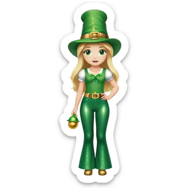 Blonde haired girl in glittery green bell bottoms and tall leprechaun hat sticker