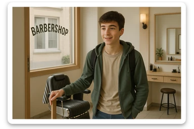 Sartaroshxonaga kirib kelayotgan o'smirin bola sartaroshxona eski ham emas yangi ham emas sticker