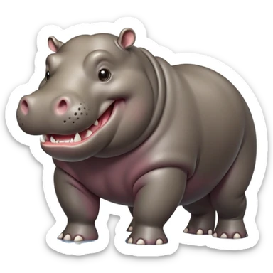 cinematic-hippo-realistic-full-body side view-standing on all fours-emoji,-massive-round-frame,-wide-mouthed-grin-exposing-huge-teeth,-head-tilted-dramatically,-thick-greyish-brown-hide-glossy-from-water,-simplified-yet-realistic-focused-features,-highly-detailed,-glowing-with-an-almost-sarcastic-glow sticker