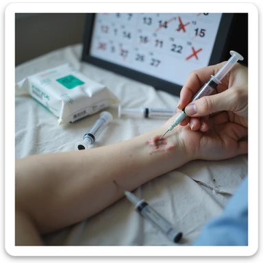 realistic close-up of a hand injecting medicine into the gluteus, sterile syringes, disinfectant wipes, calendar with crossed out days, labels in Italian, everyday preparation scene sticker